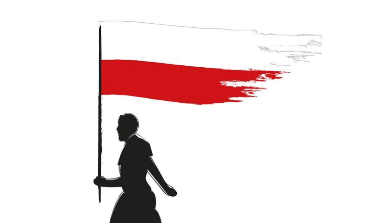 grafika człowiek niesie flagę Polski